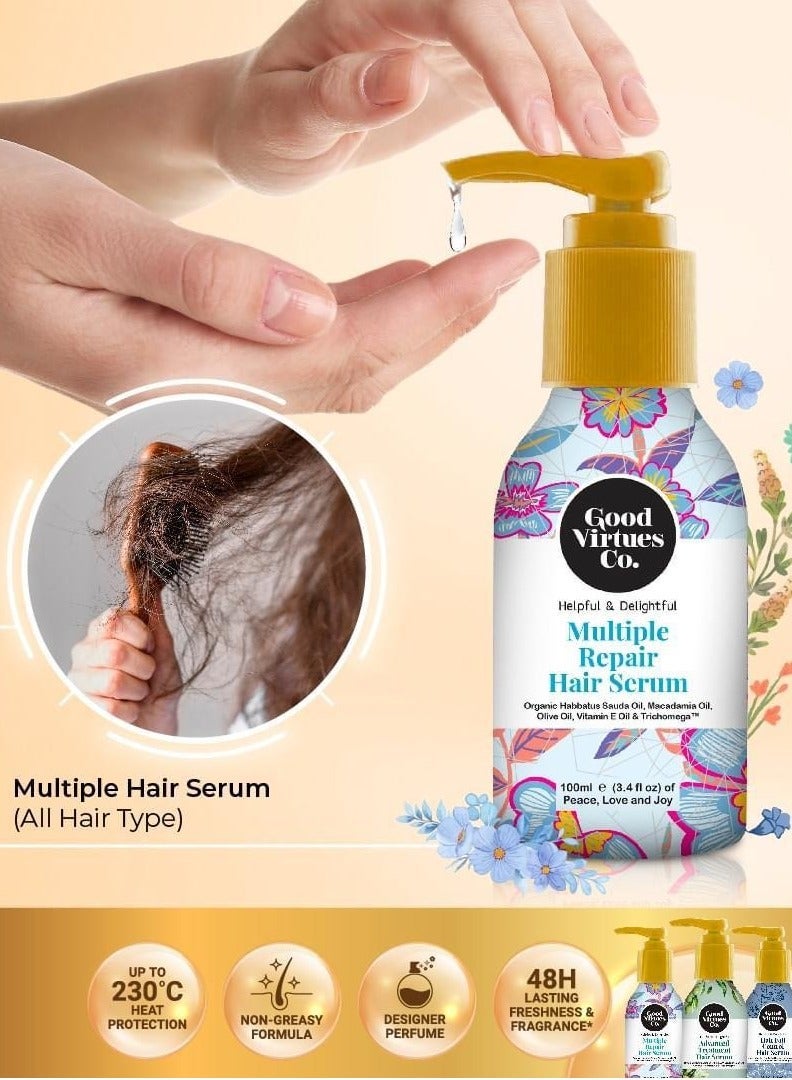 Good Virtues Co. 2 Piece Multiple Repair Hair Serum Organic Habbatus Sauda Oil, Macadamia Oil, Olive Oil, Vitamin E Oil & Trichomeg 100ml - Image 3