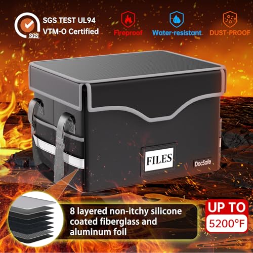 DocSafe 5200°F Fireproof Document Box with Lock,Heat Insulated File Organizer Storage with Pockets,Collapsible Portable Home Office File Safe Box with Handle for Hanging Letter/Legal Folders, Black - Image 3