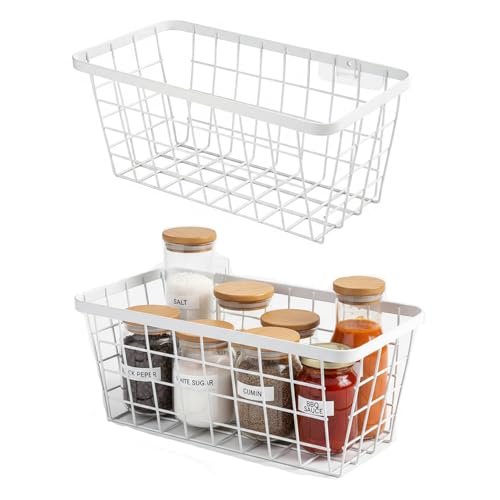 LeleCAT 2 Set LeleCAT Hanging Wall Basket Organizer, Over the Cabinet Door Adhesive Wire Baskets for Organizing Kitchen Food Pantry Bathroom Shelf Storage No Drilling Wall Mounted,White - Image 1