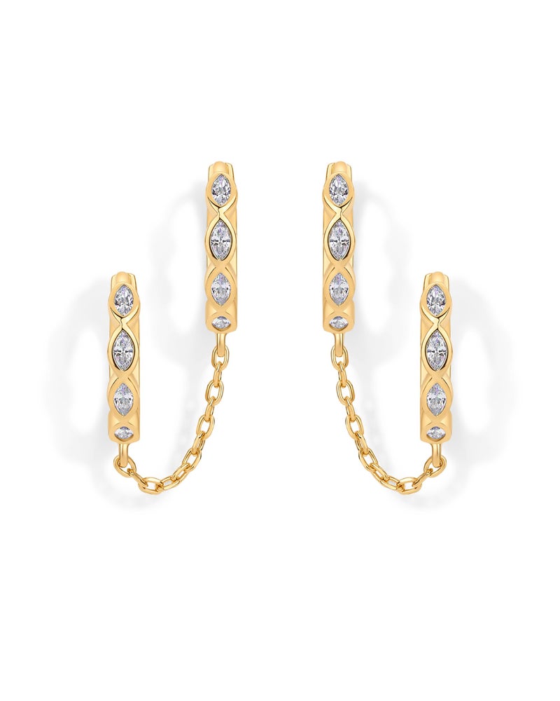 PAVOI 14K Gold Chain Earrings for Women | Double Piercing Dangle Chain Huggie Hoop Earrings | Cubic Zirconia Pearl Stud Ear Cuff Earrings for Women - Image 5