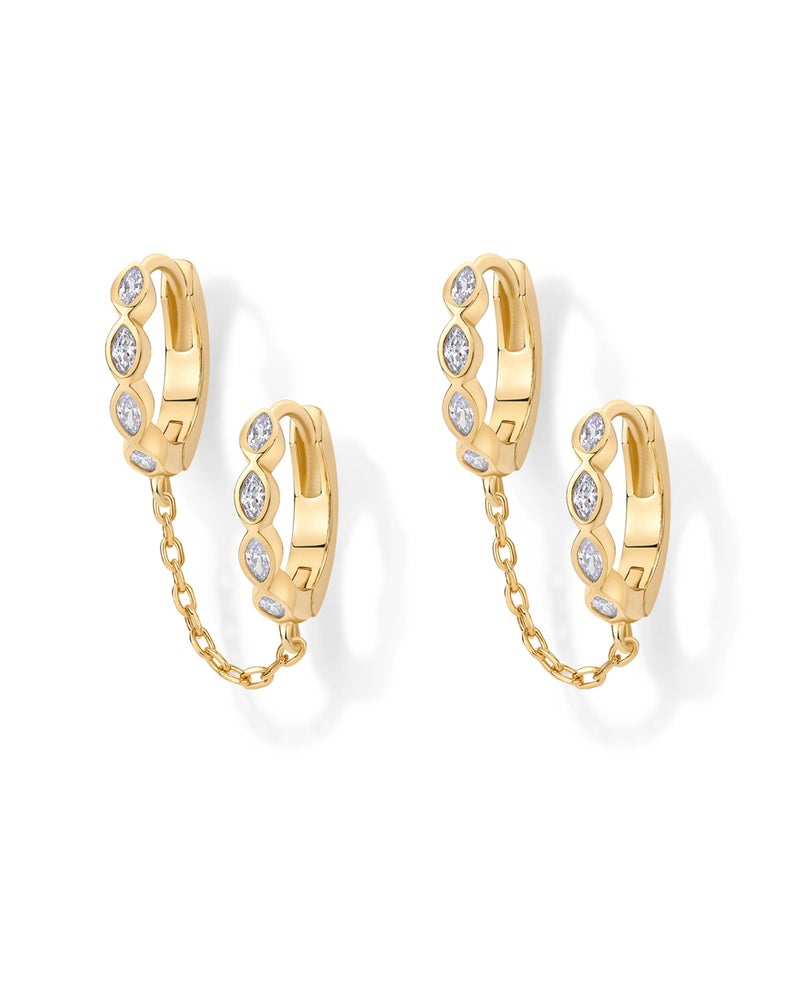 PAVOI 14K Gold Chain Earrings for Women | Double Piercing Dangle Chain Huggie Hoop Earrings | Cubic Zirconia Pearl Stud Ear Cuff Earrings for Women - Image 1