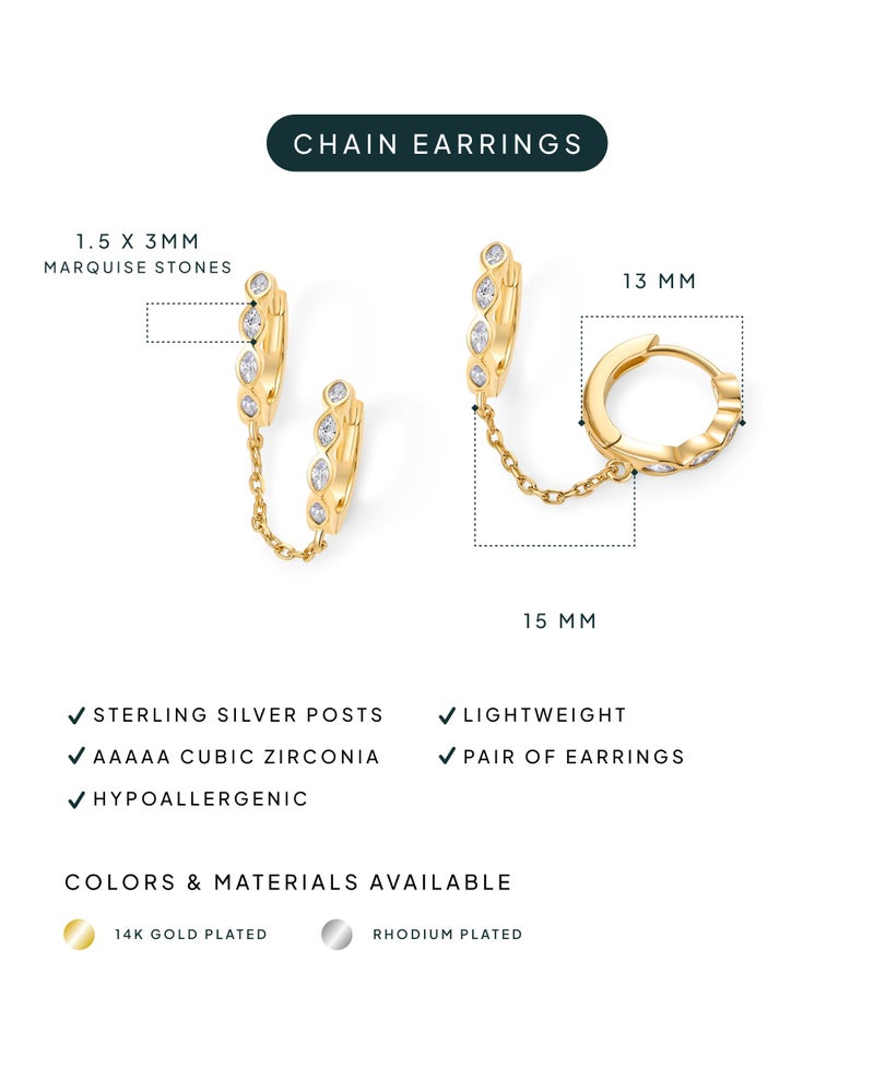 PAVOI 14K Gold Chain Earrings for Women | Double Piercing Dangle Chain Huggie Hoop Earrings | Cubic Zirconia Pearl Stud Ear Cuff Earrings for Women - Image 3