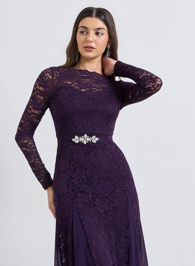 ستايلي Purple Embellished Waist Lace A-Line Maxi Dress