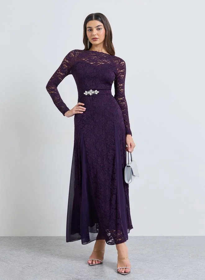 ستايلي Purple Embellished Waist Lace A-Line Maxi Dress