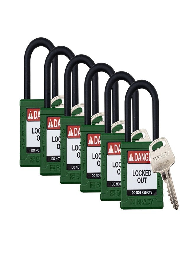 Brady Safety Lockout Padlock Sets - 6 Pack - Green - Keyed Different Safety Lockout Padlocks - 1 Key Per Lock - SDPL-GRN-38PL-KD6 - Image 1