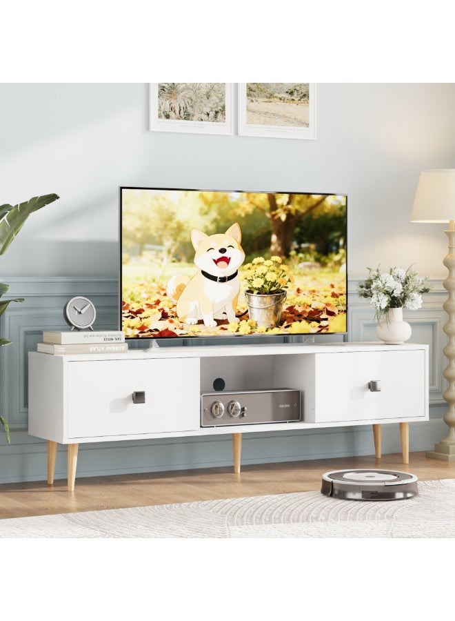 Boloni Mid-Century Modern TV Stand for TVs up to 65 Inch, 140x30x43cm Entertainment Center with 2 Storage Drawers  & Cable Management, Small TV Unit Console Table Cabinet for Living Room, White - Image 1