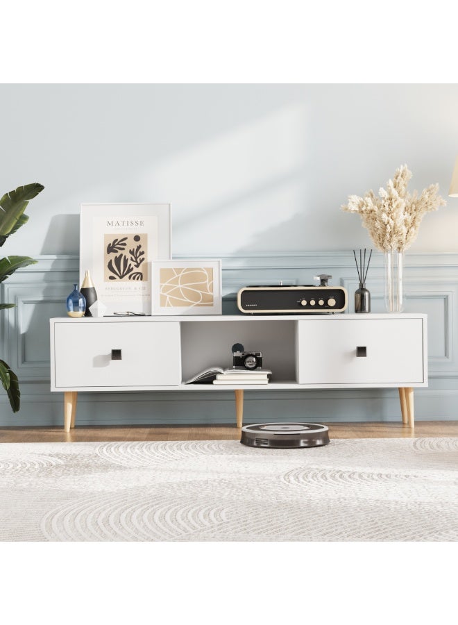 Boloni Mid-Century Modern TV Stand for TVs up to 65 Inch, 140x30x43cm Entertainment Center with 2 Storage Drawers  & Cable Management, Small TV Unit Console Table Cabinet for Living Room, White - Image 2