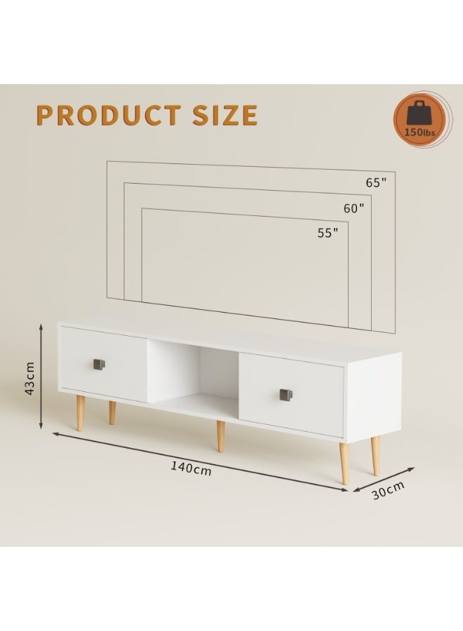 Boloni Mid-Century Modern TV Stand for TVs up to 65 Inch, 140x30x43cm Entertainment Center with 2 Storage Drawers  & Cable Management, Small TV Unit Console Table Cabinet for Living Room, White - Image 3