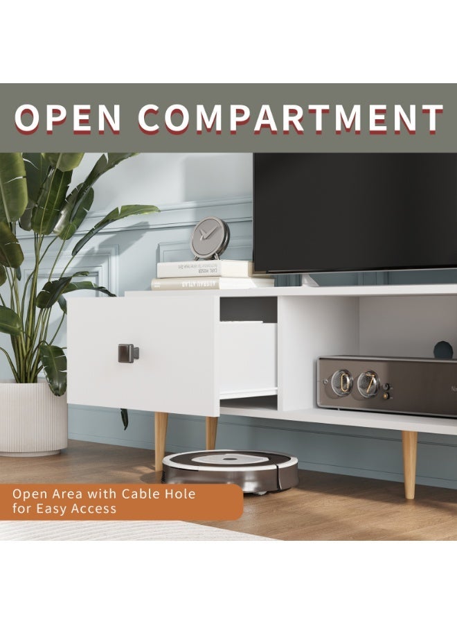 Boloni Mid-Century Modern TV Stand for TVs up to 65 Inch, 140x30x43cm Entertainment Center with 2 Storage Drawers  & Cable Management, Small TV Unit Console Table Cabinet for Living Room, White - Image 5