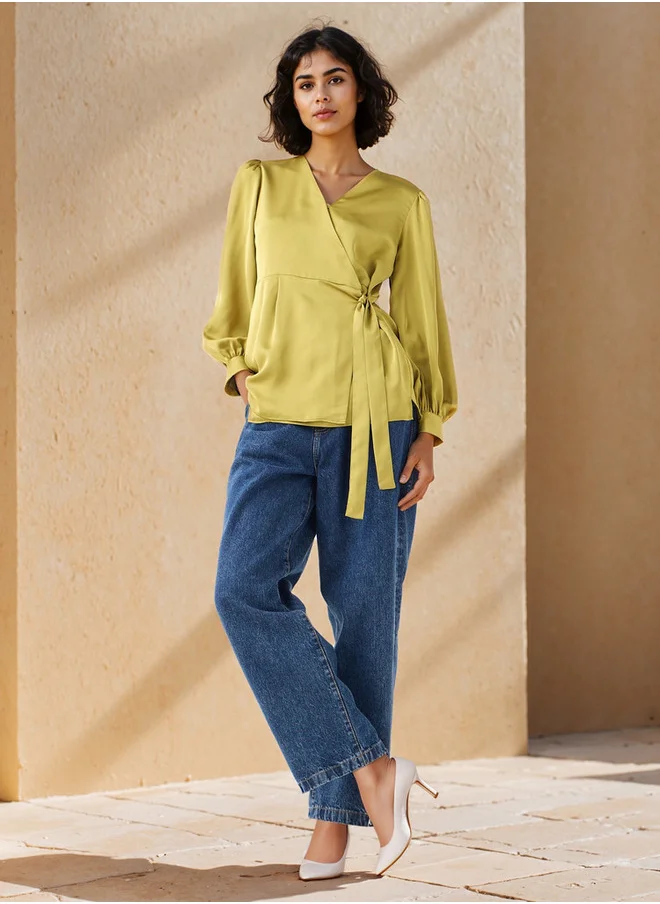 ايكونيك Iconic V-neck Wrap Top with Long Sleeves and Tie-Up Detail