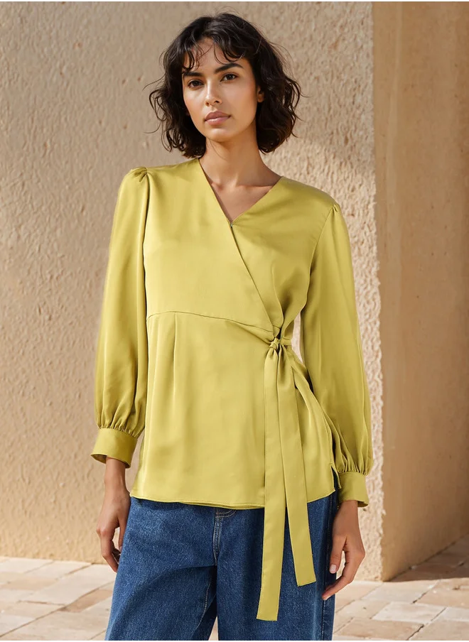 ايكونيك Iconic V-neck Wrap Top with Long Sleeves and Tie-Up Detail