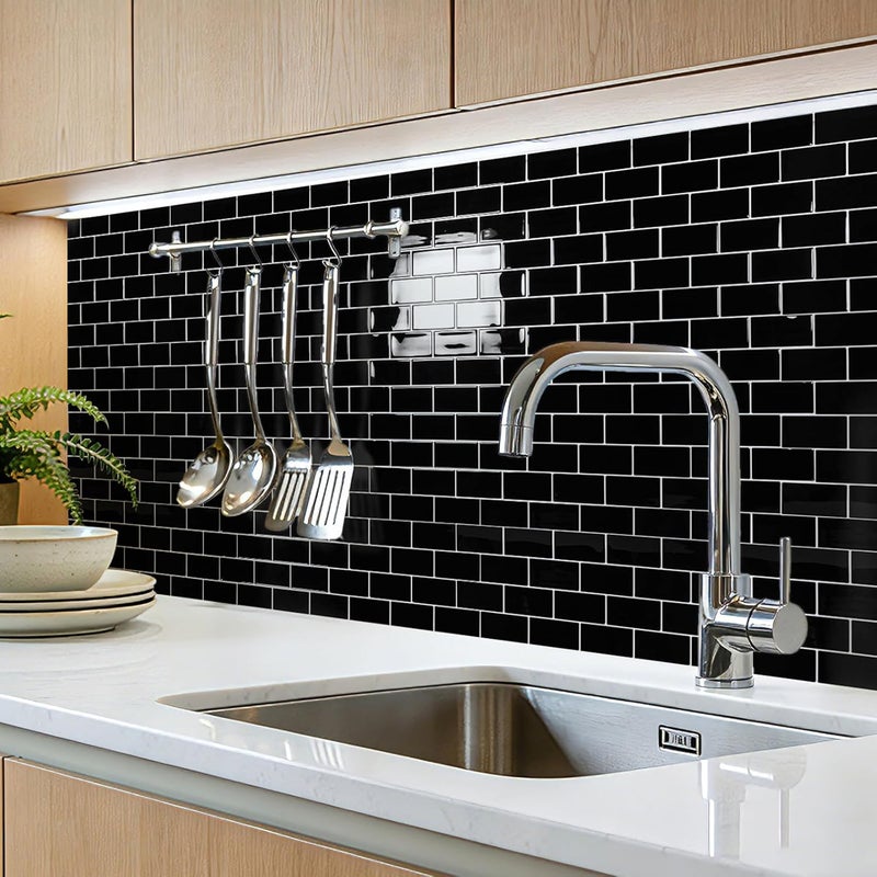 Art3d Peel and Stick Black with Silver Grout Wall Tiles – 10-Pack of 12 x12 Thickened Design Backsplash, Self-Adhesive Tile for Kitchen & Bathroom Decor - Image 2
