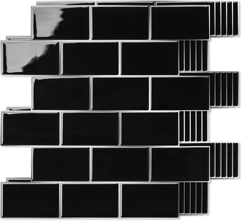 Art3d Peel and Stick Black with Silver Grout Wall Tiles – 10-Pack of 12 x12 Thickened Design Backsplash, Self-Adhesive Tile for Kitchen & Bathroom Decor - Image 1