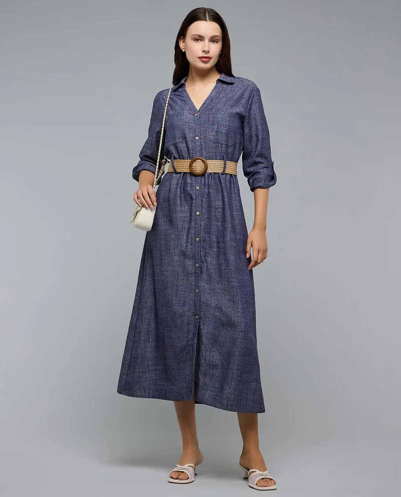 R&b Woven Shirt Dress with Collar and Long Sleeves