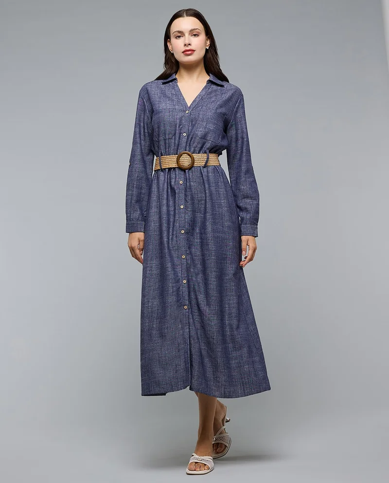 R&b Woven Shirt Dress with Collar and Long Sleeves