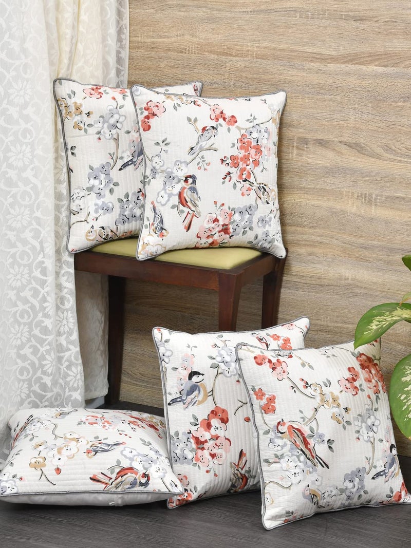 Clasiko Cushion Covers Set of 5; 22x22 Inches; Grey Flowers & Birds - Image 2