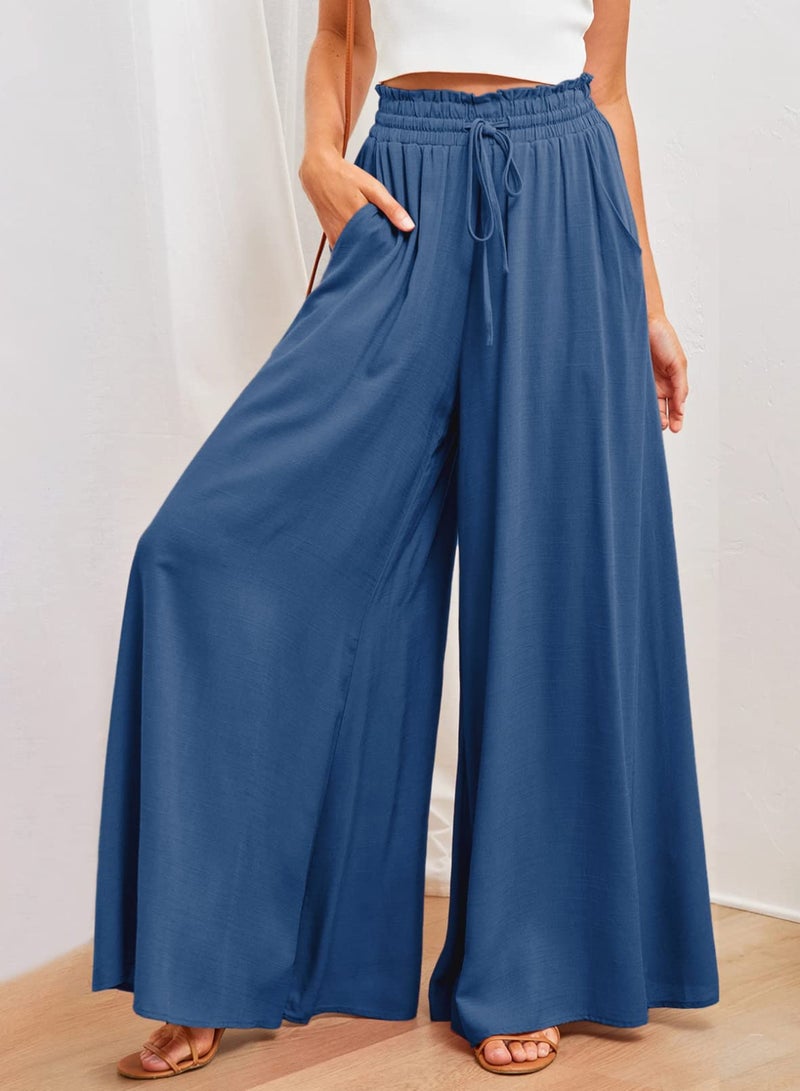 Dokotoo Pants for Women Stylish Wide Leg Pants Ladies Spring Summer Loose Casual High Drawstring Waist Pants Jogging Jogger with Side Pockets Womens Fashion Clothing Blue M - Image 2