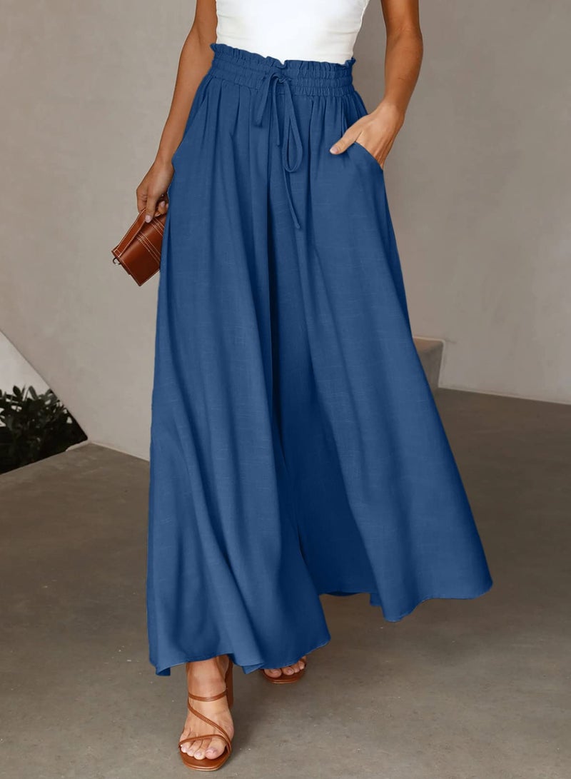Dokotoo Pants for Women Stylish Wide Leg Pants Ladies Spring Summer Loose Casual High Drawstring Waist Pants Jogging Jogger with Side Pockets Womens Fashion Clothing Blue M - Image 5