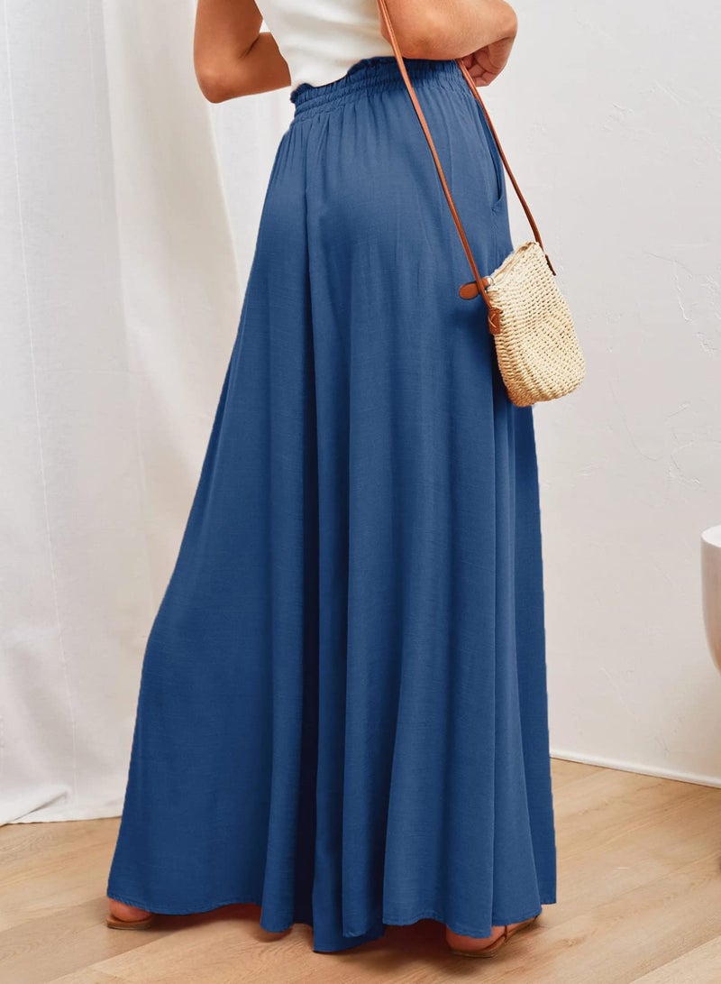 Dokotoo Pants for Women Stylish Wide Leg Pants Ladies Spring Summer Loose Casual High Drawstring Waist Pants Jogging Jogger with Side Pockets Womens Fashion Clothing Blue M - Image 4