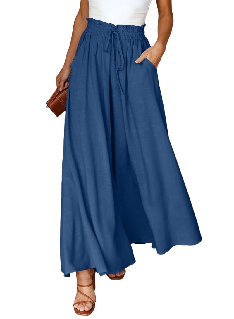 Dokotoo Pants for Women Stylish Wide Leg Pants Ladies Spring Summer Loose Casual High Drawstring Waist Pants Jogging Jogger with Side Pockets Womens Fashion Clothing Blue M - Image 1