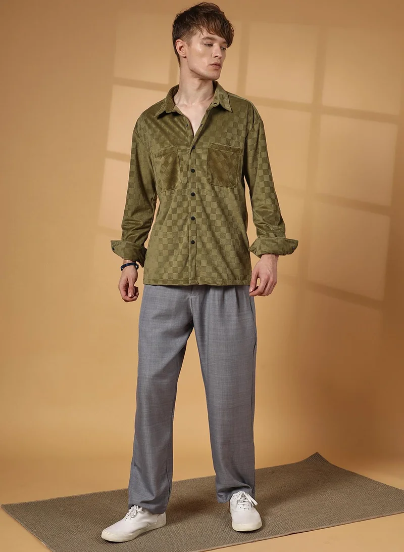 Campus Sutra Men's Olive Green Cubic Velvet Utility Shacket