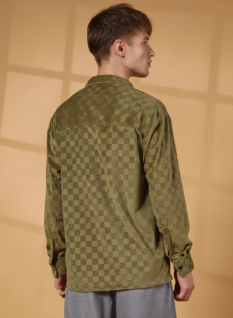 Campus Sutra Men's Olive Green Cubic Velvet Utility Shacket