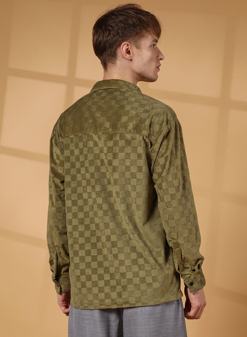 Campus Sutra Men's Olive Green Cubic Velvet Utility Shacket - Image 5