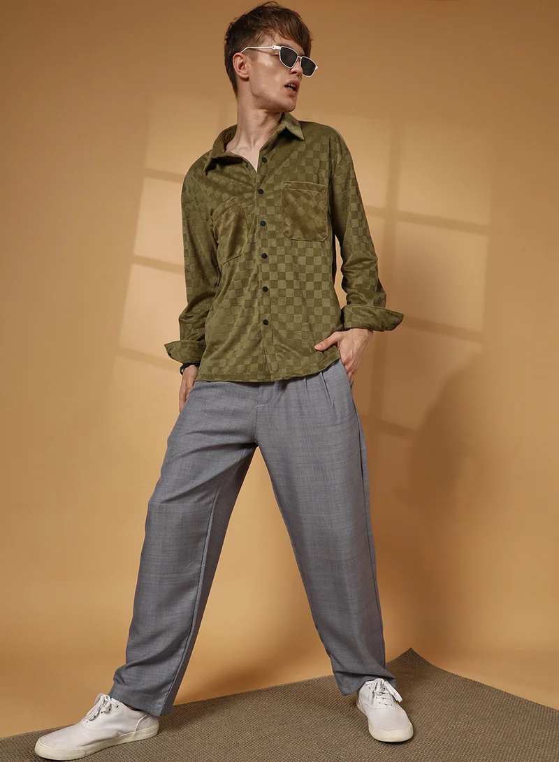 Campus Sutra Men's Olive Green Cubic Velvet Utility Shacket