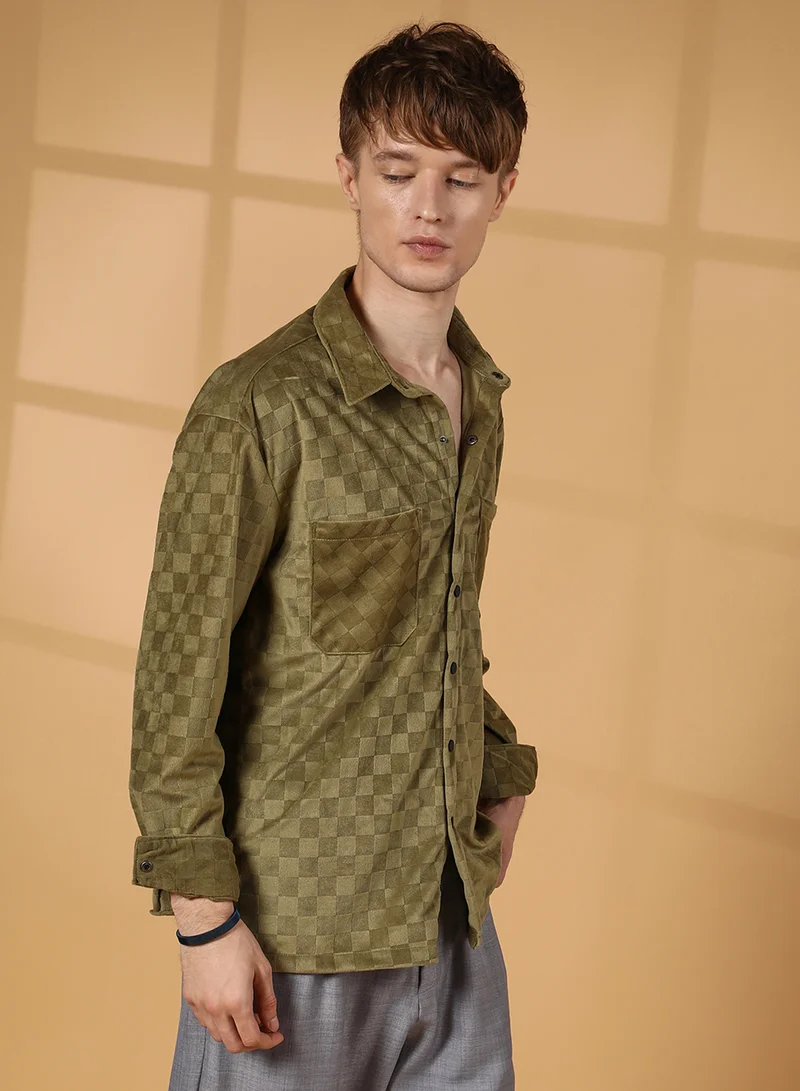 Campus Sutra Men's Olive Green Cubic Velvet Utility Shacket