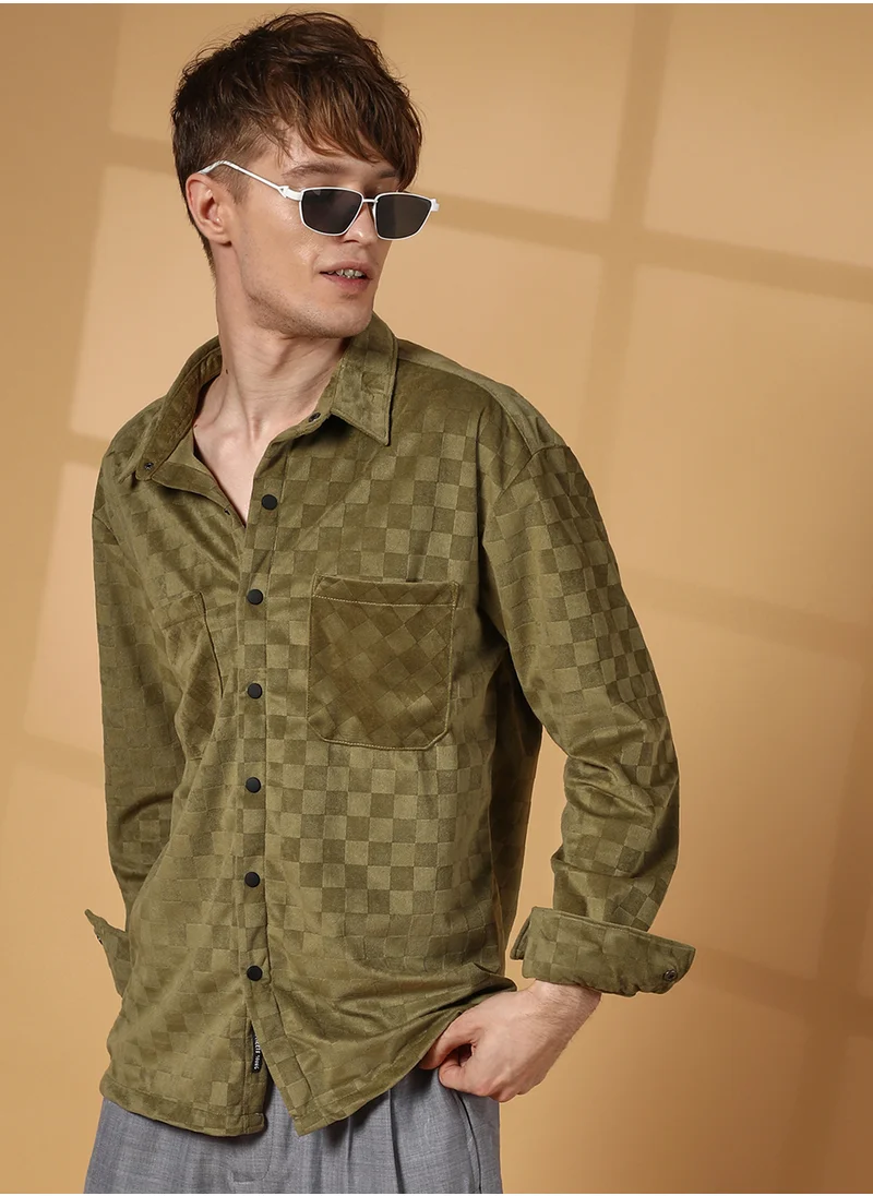 كامبوس سوترا Men's Olive Green Cubic Velvet Utility Shacket