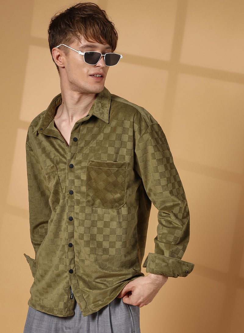 Campus Sutra Men's Olive Green Cubic Velvet Utility Shacket - Image 1