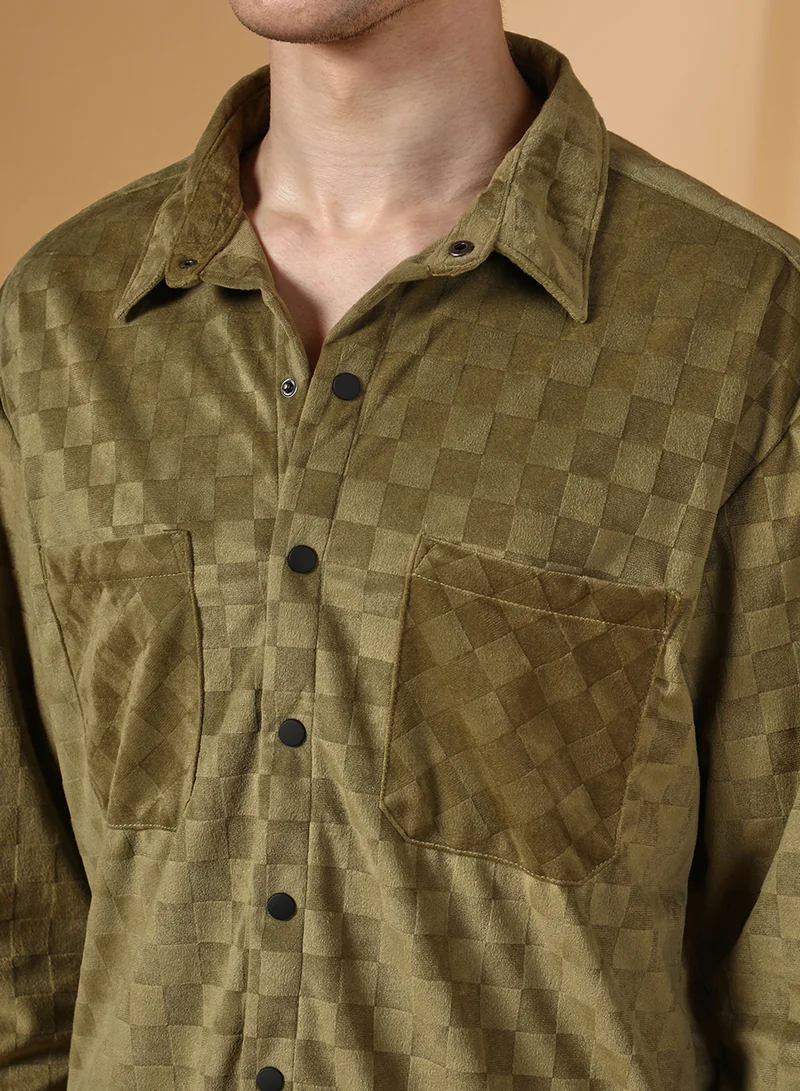 Campus Sutra Men's Olive Green Cubic Velvet Utility Shacket