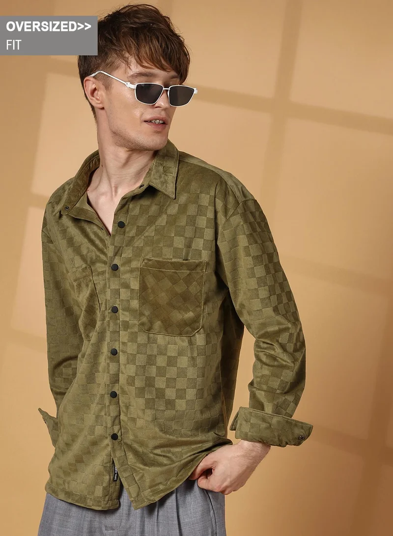 Campus Sutra Men's Olive Green Cubic Velvet Utility Shacket