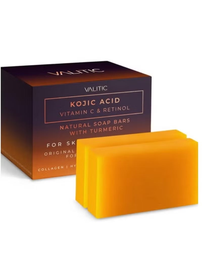 صابونة حمض الكوجيك لتصحيح البقع الداكنة وتفتيح البشرة (عبوة من قطعتين) - فيتامين سي، ريتينول، كولاجين، كركم | مُركّب ياباني مع حمض الهيالورونيك، فيتامين هـ، زبدة الشيا، زيت الزيتون