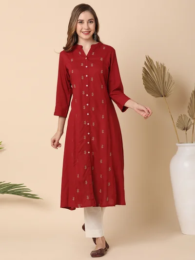 globus Women Maroon Mandarin Neck Floral Embroidered Panelled A-Line Workwear Kurta
