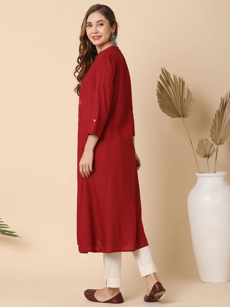 globus Women Maroon Mandarin Neck Floral Embroidered Panelled A-Line Workwear Kurta