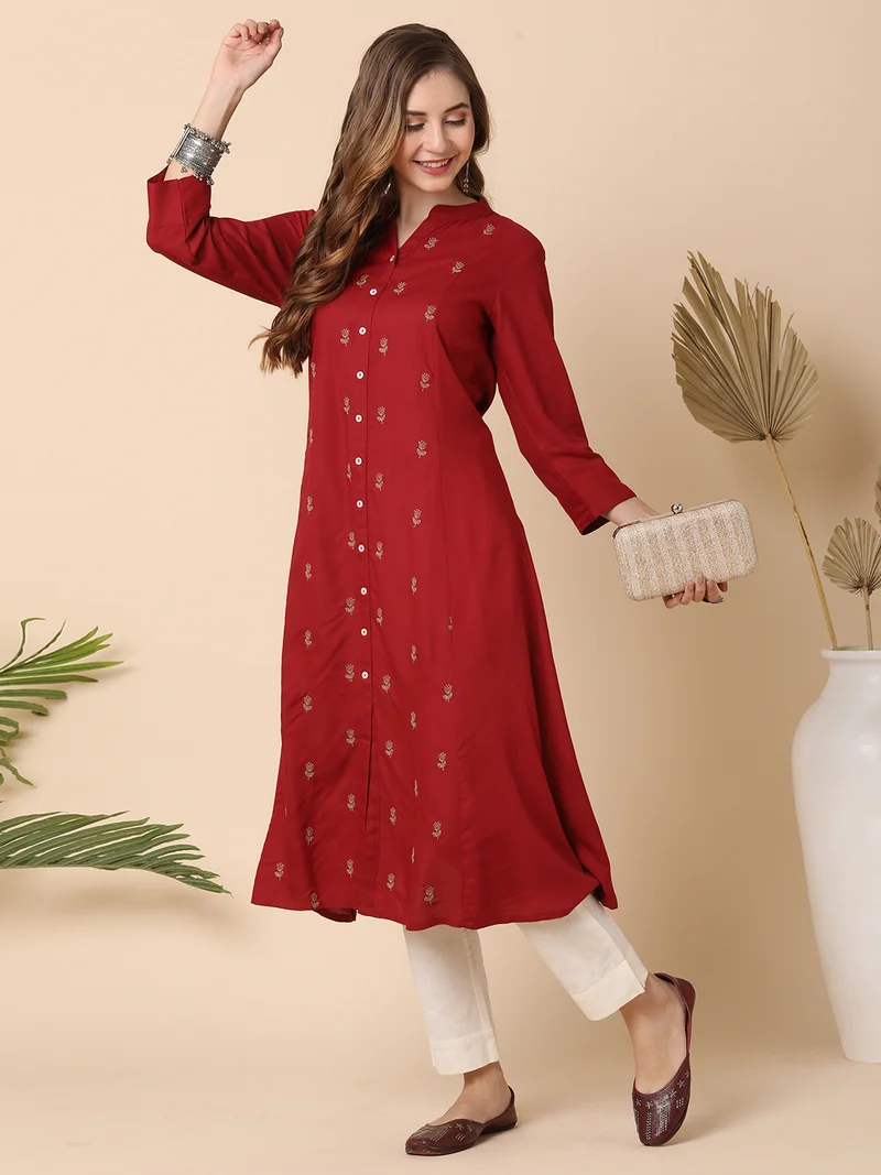 globus Women Maroon Mandarin Neck Floral Embroidered Panelled A-Line Workwear Kurta