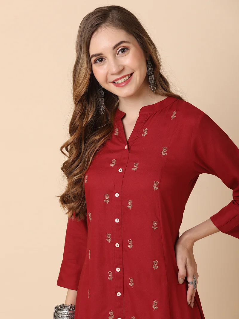 globus Women Maroon Mandarin Neck Floral Embroidered Panelled A-Line Workwear Kurta
