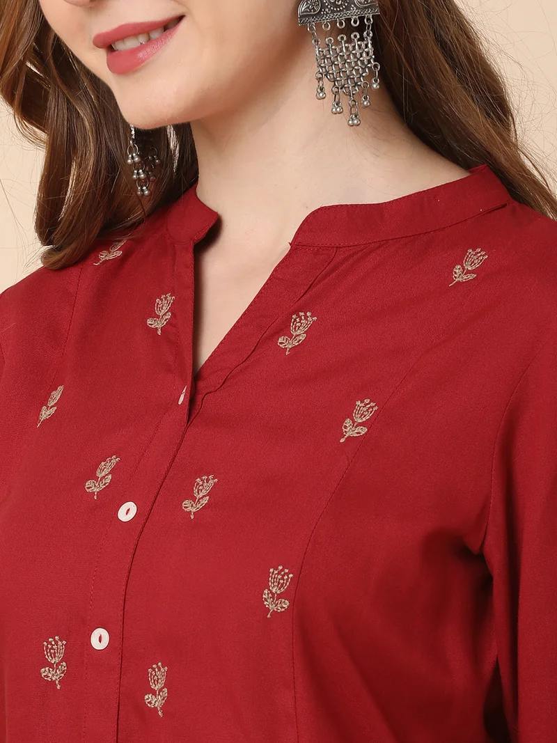 globus Women Maroon Mandarin Neck Floral Embroidered Panelled A-Line Workwear Kurta