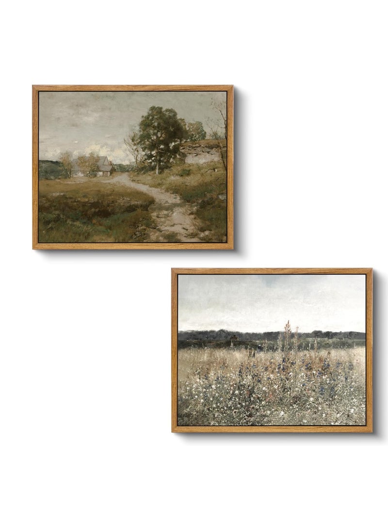 Today Idea Vintage Decor 2 Pcs Framed Wall Art, Living Room Modern and Country Decor, Canvas Print Road and Flower Field Pictures Paintings, Home Farmhouse Decor, 9x11 Inch, Set of 2  - Image 1