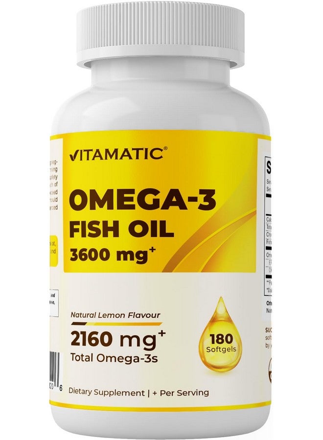 Vitamatic Triple Strength Omega 3 Fish Oil 3600mg Per Serving, 2160mg Omega 3 Fatty Acids, 1296mg EPA + 864mg DHA, Burpless Lemon Flavor, 180 Softgels - Image 1
