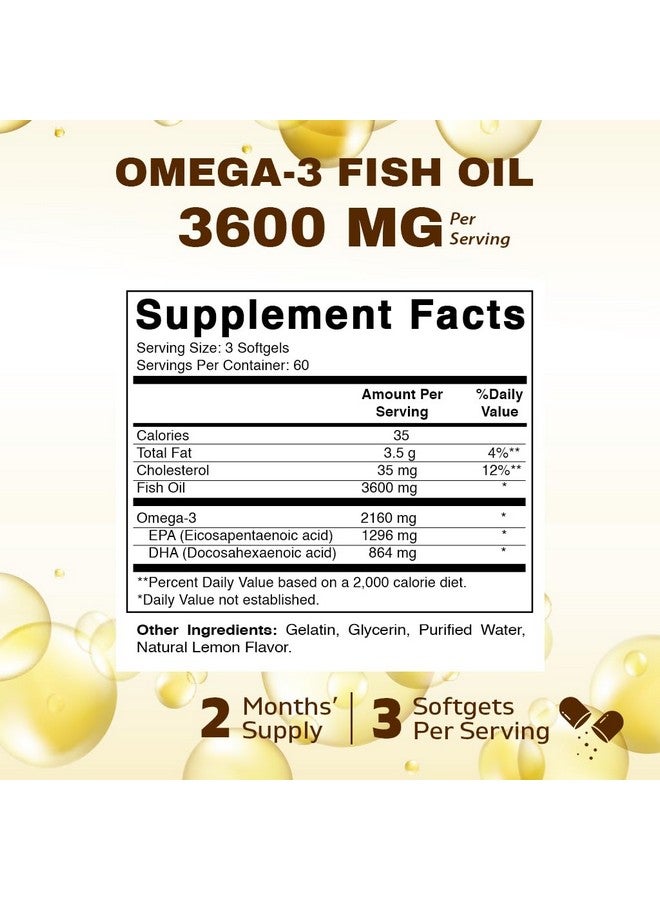Vitamatic Triple Strength Omega 3 Fish Oil 3600mg Per Serving, 2160mg Omega 3 Fatty Acids, 1296mg EPA + 864mg DHA, Burpless Lemon Flavor, 180 Softgels - Image 2