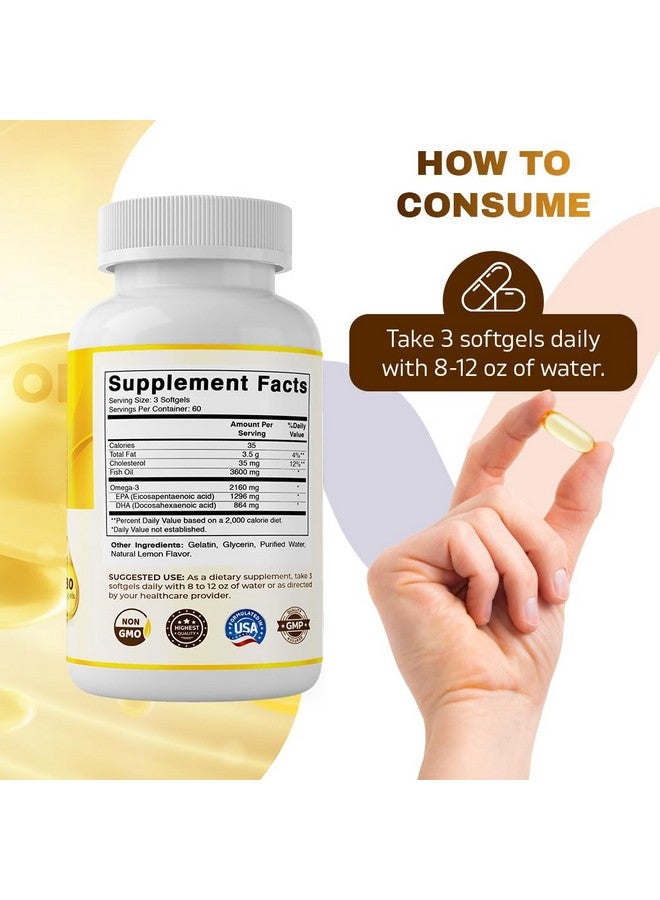 Vitamatic Triple Strength Omega 3 Fish Oil 3600mg Per Serving, 2160mg Omega 3 Fatty Acids, 1296mg EPA + 864mg DHA, Burpless Lemon Flavor, 180 Softgels - Image 4