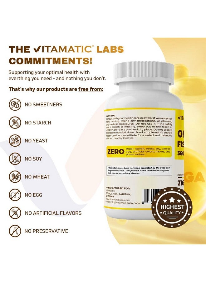 Vitamatic Triple Strength Omega 3 Fish Oil 3600mg Per Serving, 2160mg Omega 3 Fatty Acids, 1296mg EPA + 864mg DHA, Burpless Lemon Flavor, 180 Softgels - Image 5