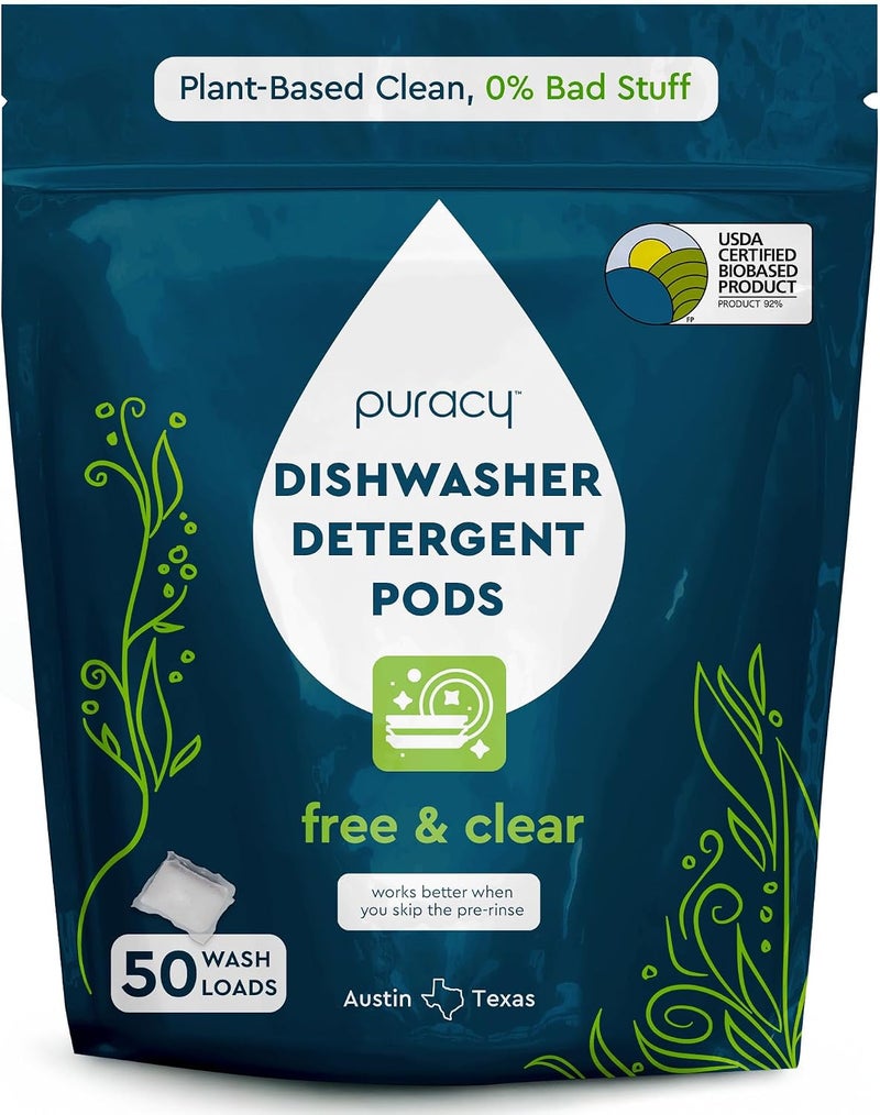 Dishwasher Pods, 50 Count, Natural Dishwasher Detergent, Free & Clear Enzyme-Powered Automatic Dishwasher Pod, Spot and Residue-Free Dish Tabs, 2-in-1 Dishwasher Soap and Rinse Aid - Image 1