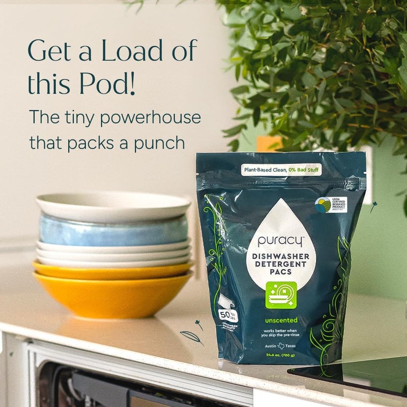 Dishwasher Pods, 50 Count, Natural Dishwasher Detergent, Free & Clear Enzyme-Powered Automatic Dishwasher Pod, Spot and Residue-Free Dish Tabs, 2-in-1 Dishwasher Soap and Rinse Aid - Image 2