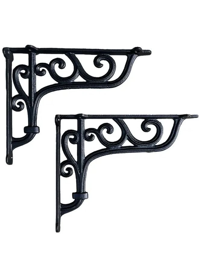 2 Pack Black Cast Iron Scroll Design Right Angle Bracket 25x20cm Heavy Duty Support - Image 2