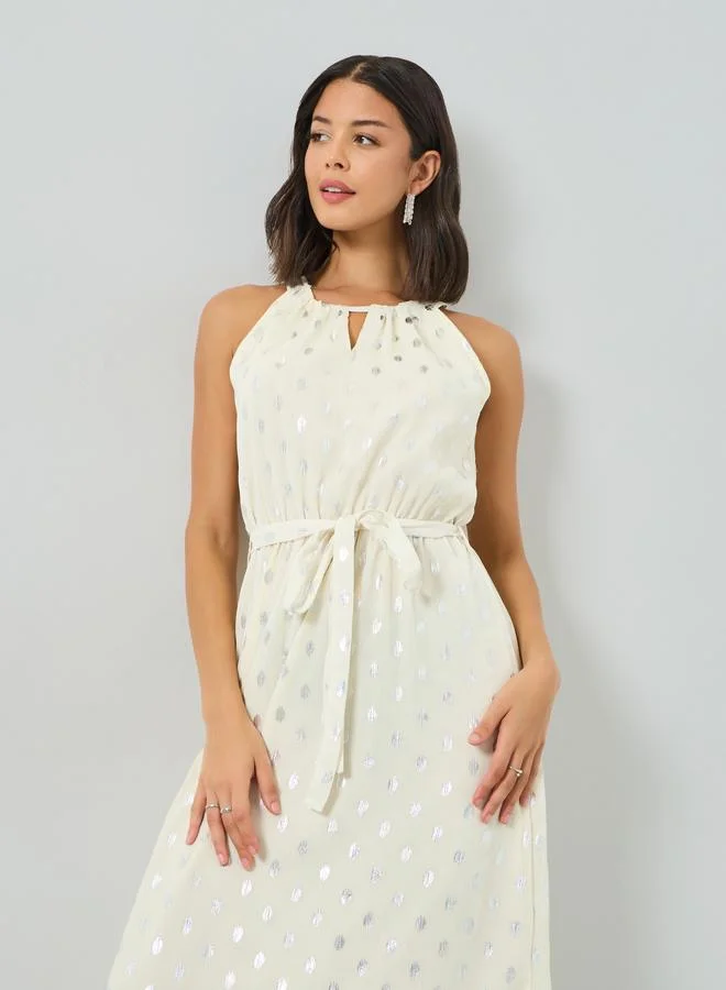 Styli Off-White Foil Print Maxi Dress with Tie-Belt