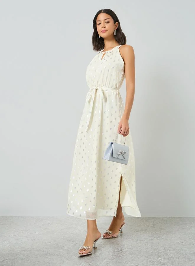 Styli Off-White Foil Print Maxi Dress with Tie-Belt