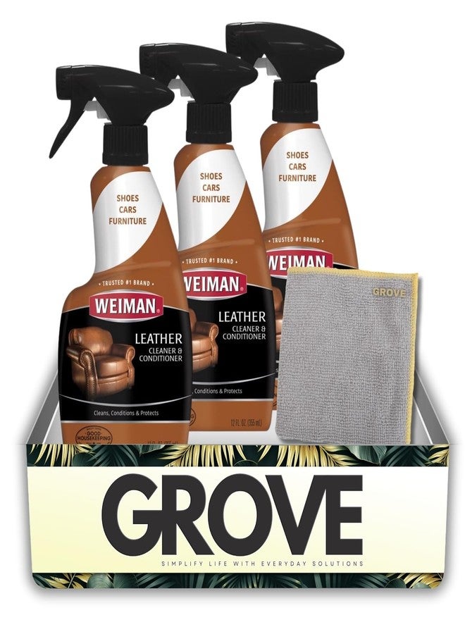 GROVE 3x Weiman Leather Cleaner and Conditioner 12 oz Bundle with Microfiber Auto Cleaning Cloth - Moisturizes, restores, and protects leather furniture, car interiors, and accessories - Gift Set (4 Items) - Image 1